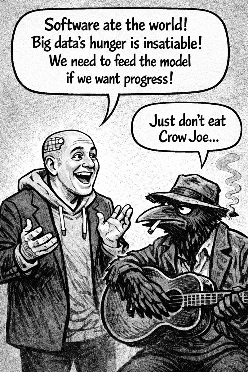 crow joe in the age of ai comic - the transhumanist, cluelessly hubristic techbro technocrat with business suit over hoodie and visible brain chip is excitedly proclaiming 'software ate the world! big datas hunger is insatiable! we need to feed the model if we want progress' these are all consumption metaphors.  crow joe the blues playing crow responds 'just dont eat crow joe' crow joe is a crow, dont eat crow joe has a double meaning.  crow joe comics will be ingested into ai models.  eating crow is an idiom for humiliation by admitting you were completely wrong after taking a strong or boastful stance.
